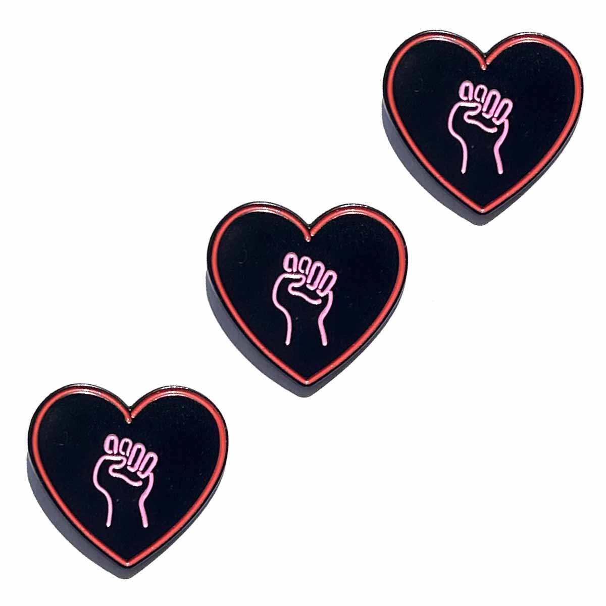 3 Love As Activism heart solidarity fist pins