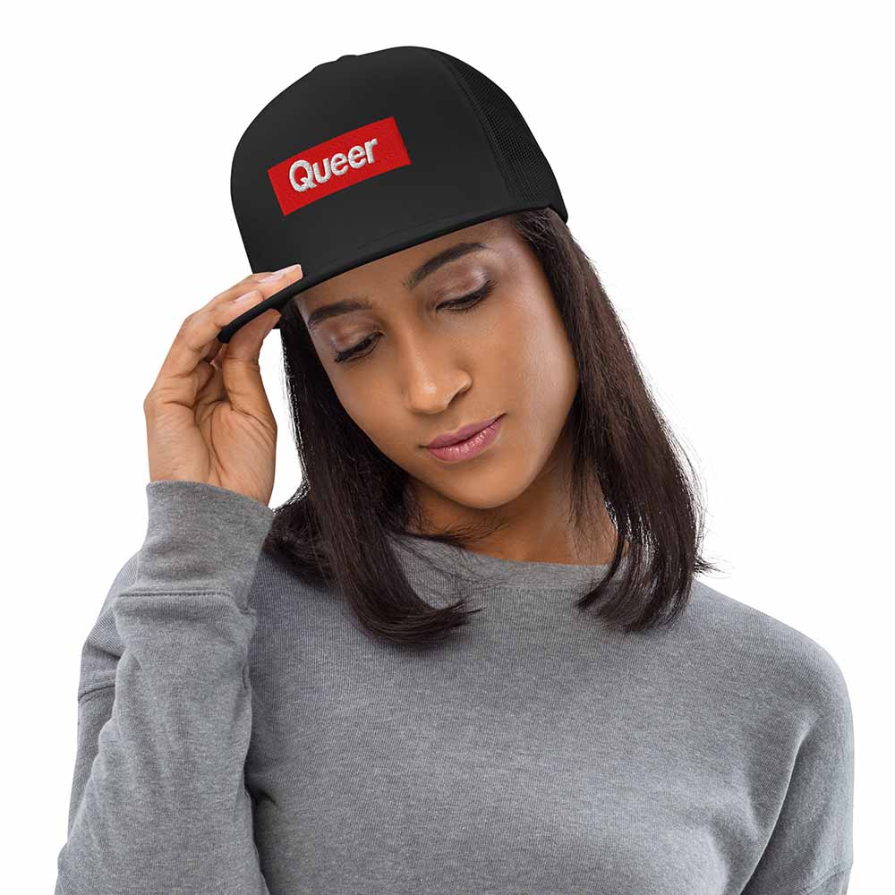 5-panel-trucker-cap-black-front-on woman