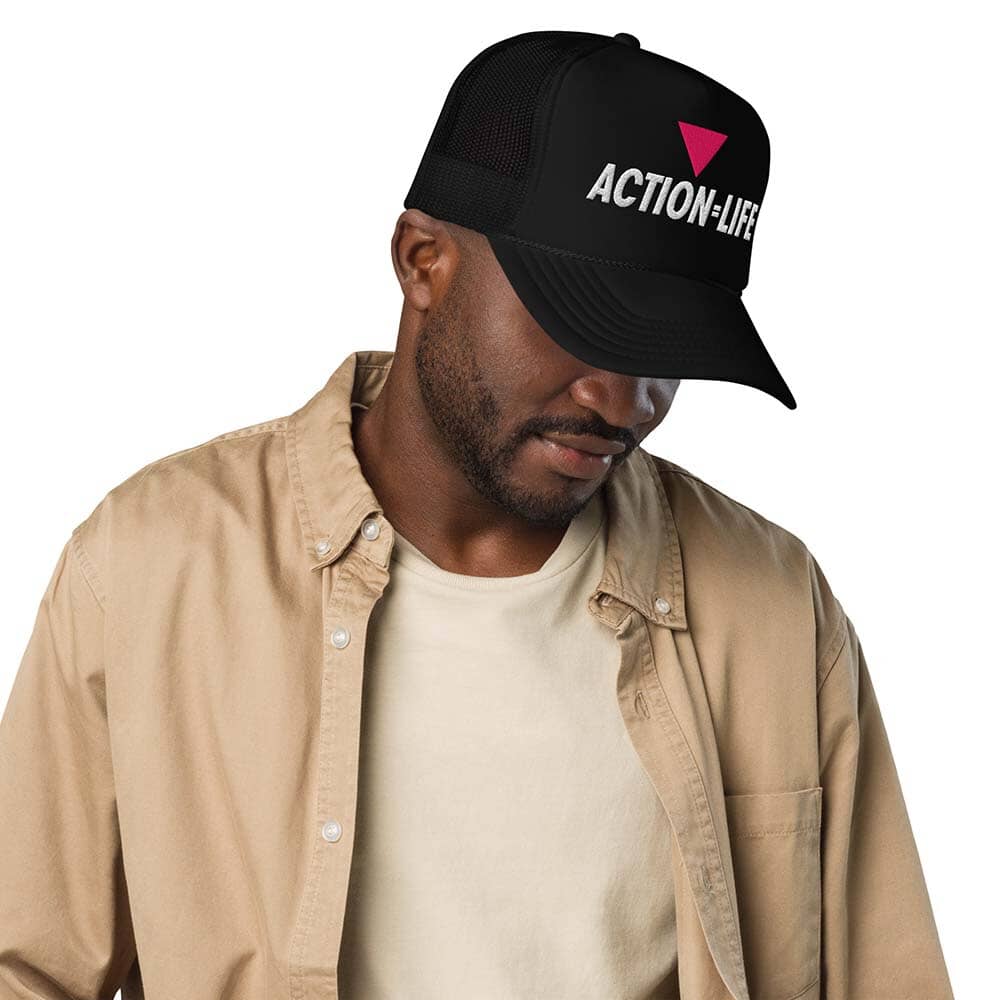 Action equals life black from trucker snapback on man