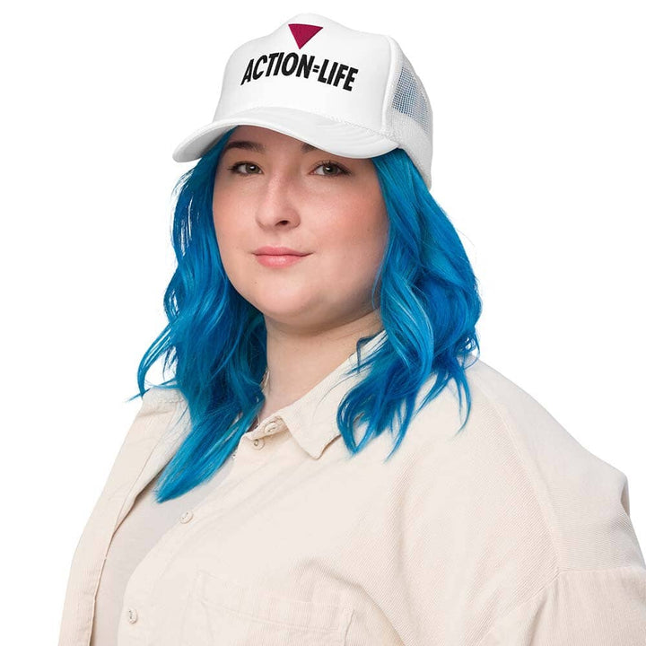 Action equals life white from trucker snapback on woman
