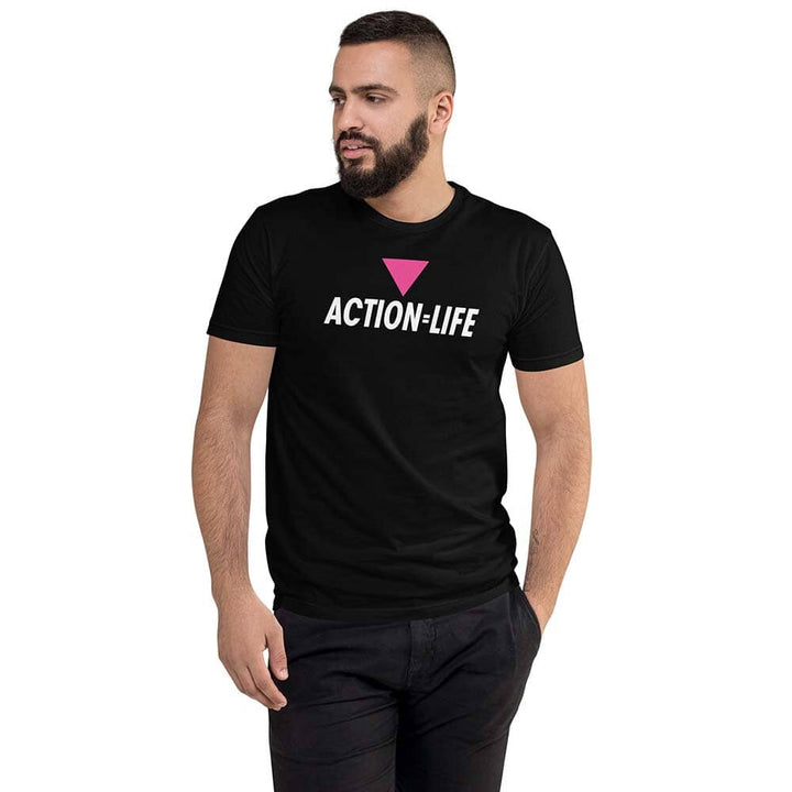 Man wearing a black t-shirt with a motivational quote on a white background