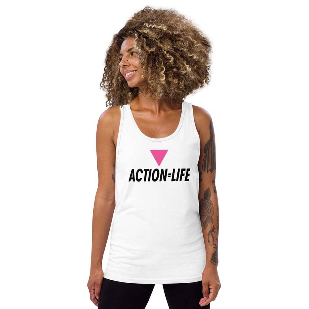Woman wearing a white tank top with &