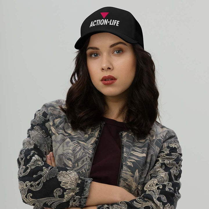 black trucker mesh snapback reading action = life on woman