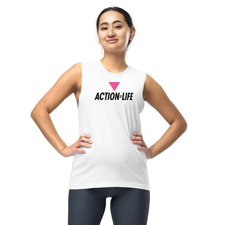white sleeveless tee reading action equals life with a pink triangle on a woman