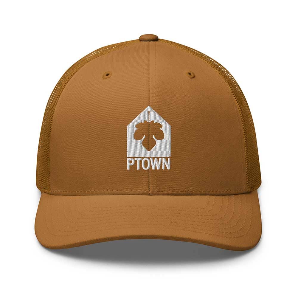 Brown cap with a logo and PTOWN text on a white background