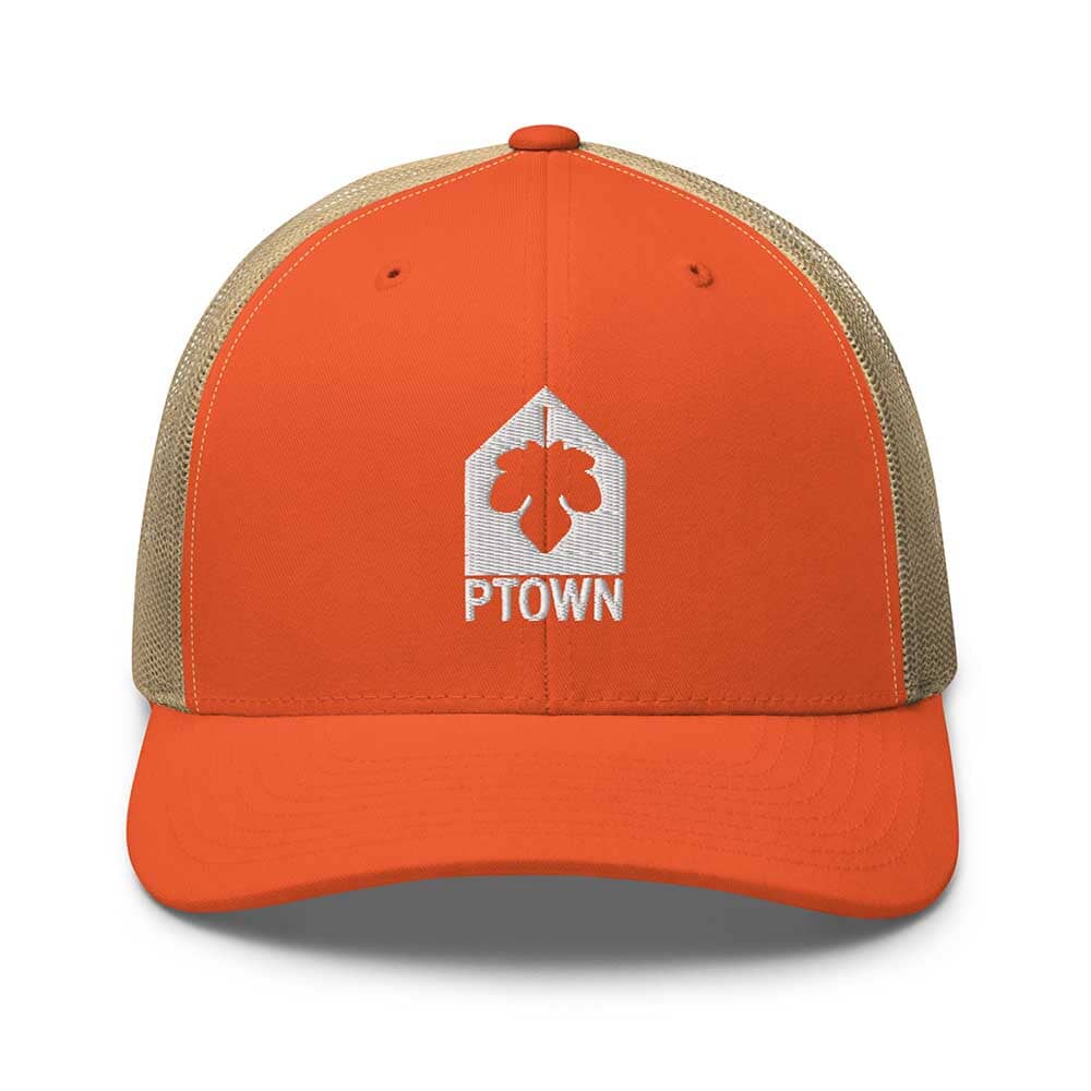 Orange and beige cap with a logo and PTOWN text on a white background