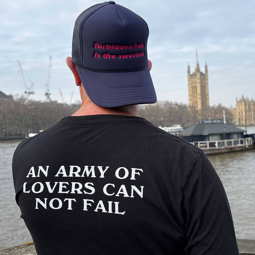 navy Forbidden Fruit Foam Trucker Snapback Hat and an army of lovers can not fail long sleeve black t-shirt