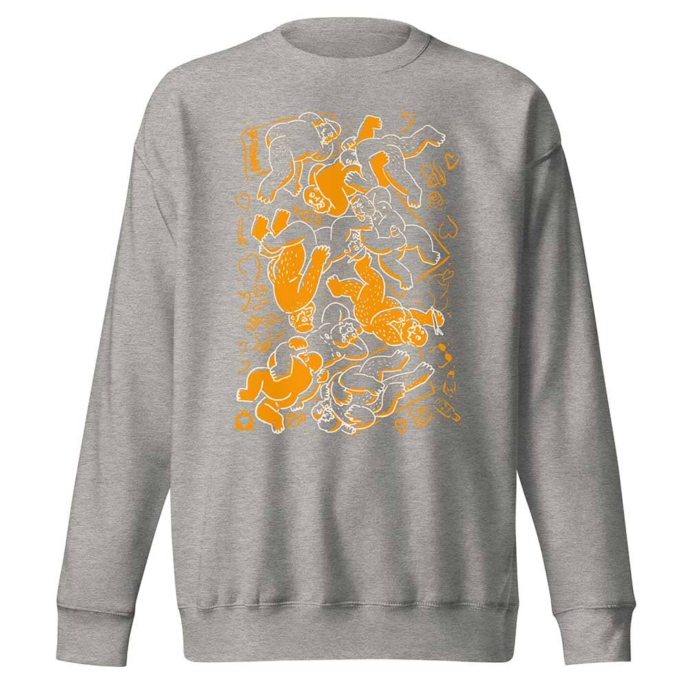Gray sweatshirt with orange and white bearpad graphic design on a white background