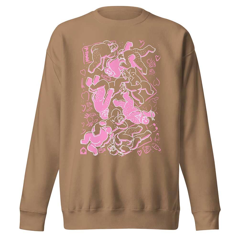 Brown sweatshirt with BEARPAD pink graphic design on a white background