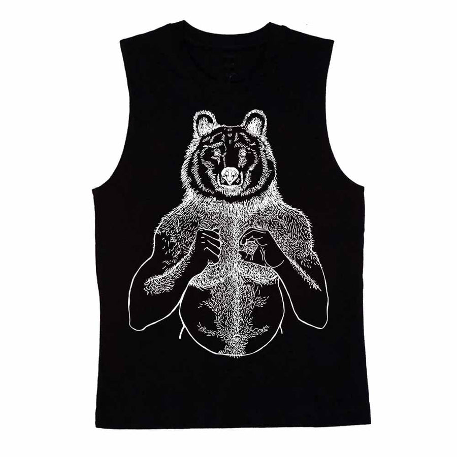 White Print Beefy Bear Sleeveless T-shirt by Brian Kenny