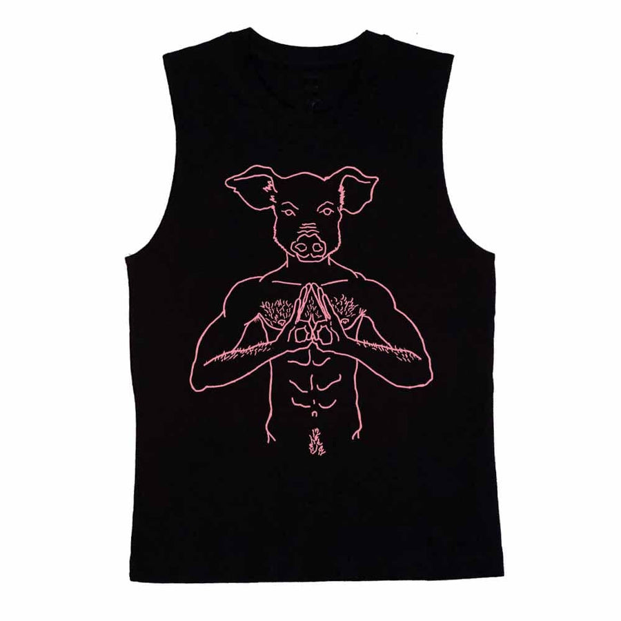 Pig Head Pink Print Sleeveless T-shirt by Brian Kenny
