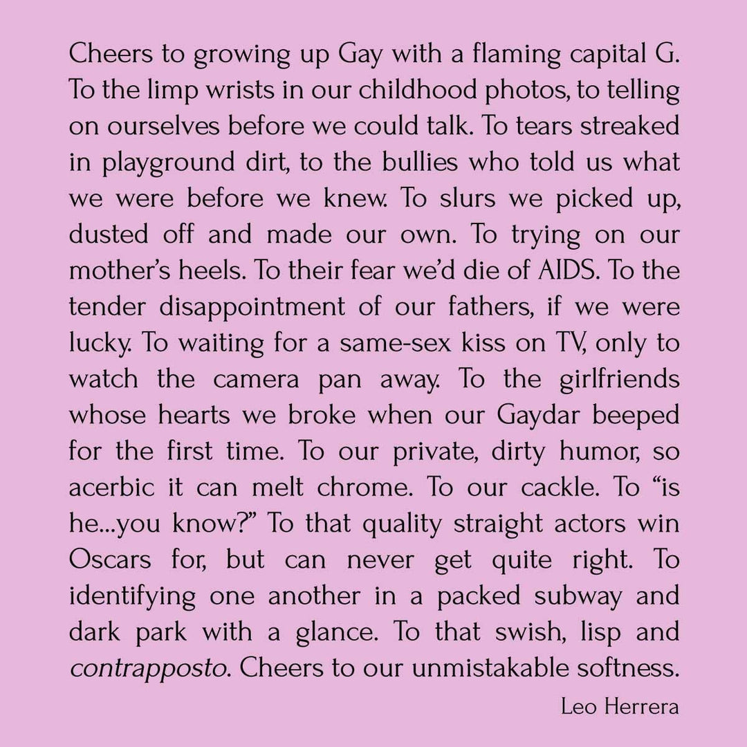Cheers to Growing Up Gay prose by Leo Herrera in black text