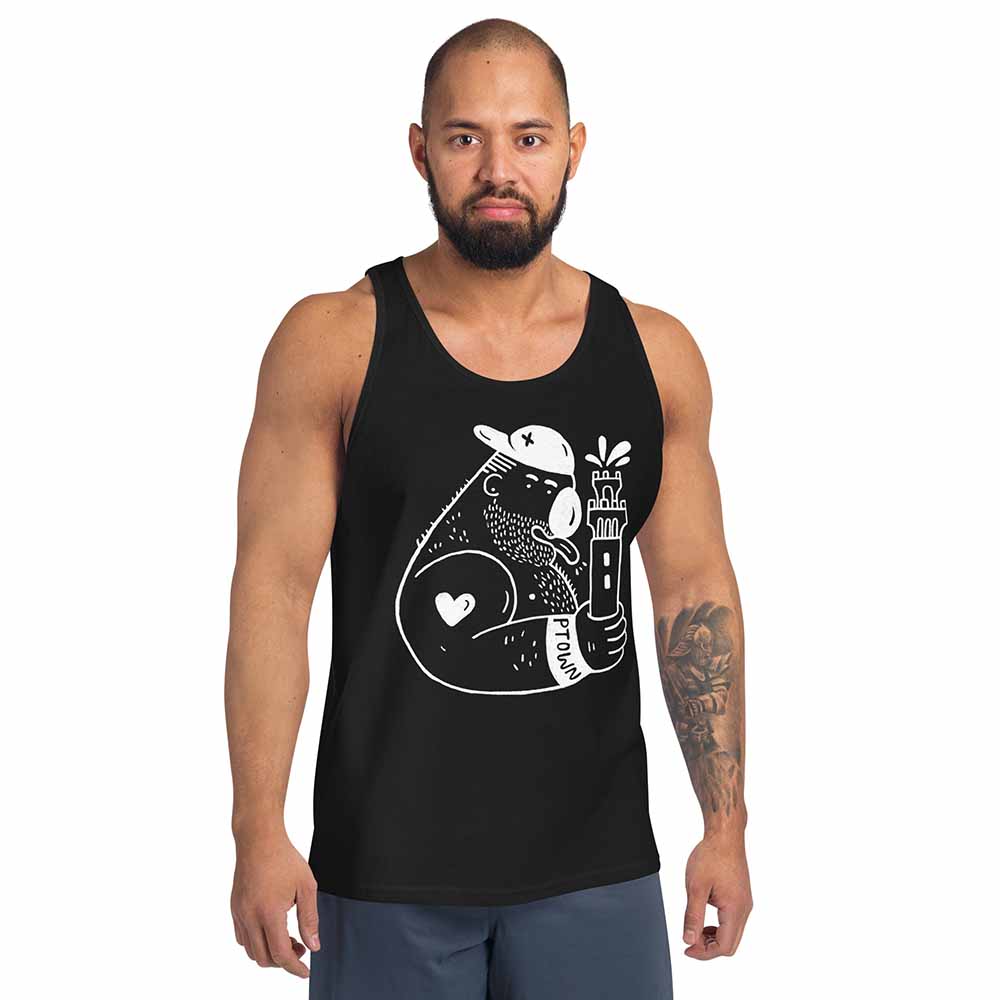 Carlos Rodriguez Pilgrim Monument Ptown Bear tank-black-on-man