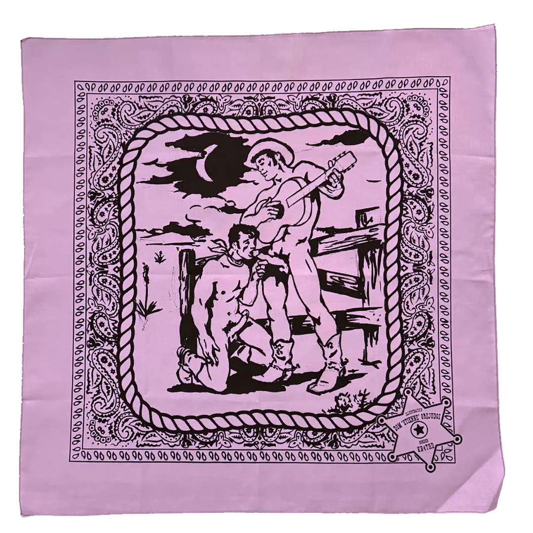 Pink andana with black graphic design of a man with a guitar and another man on his knees