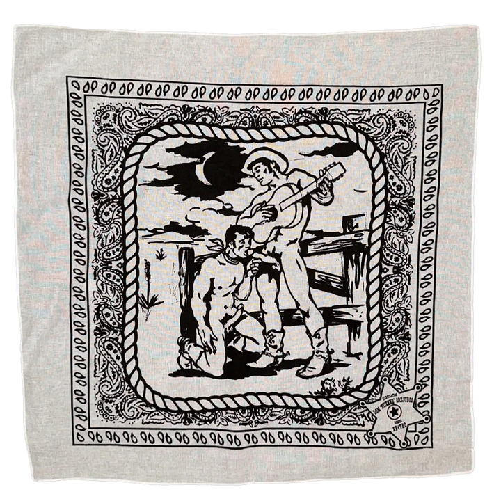 White bandana with black graphic design of a man with a guitar and another man on his knees