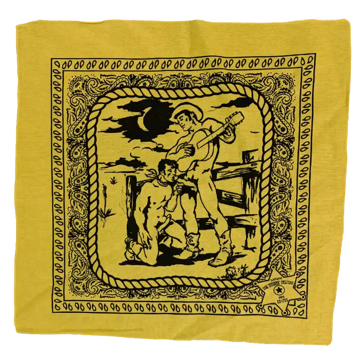 Yellow bandana with black graphic design of a man with a guitar and another man on his knees