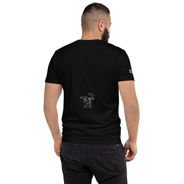 Man wearing a black t-shirt with a logo on the sleeve against a white background