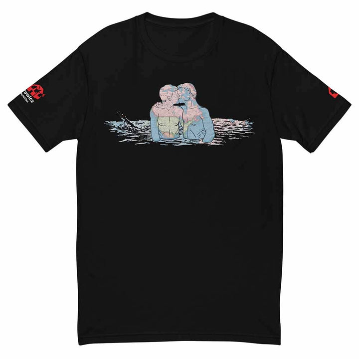 David Wojanarowicz Black t-shirt with a graphic of two people embracing in water on a white background
