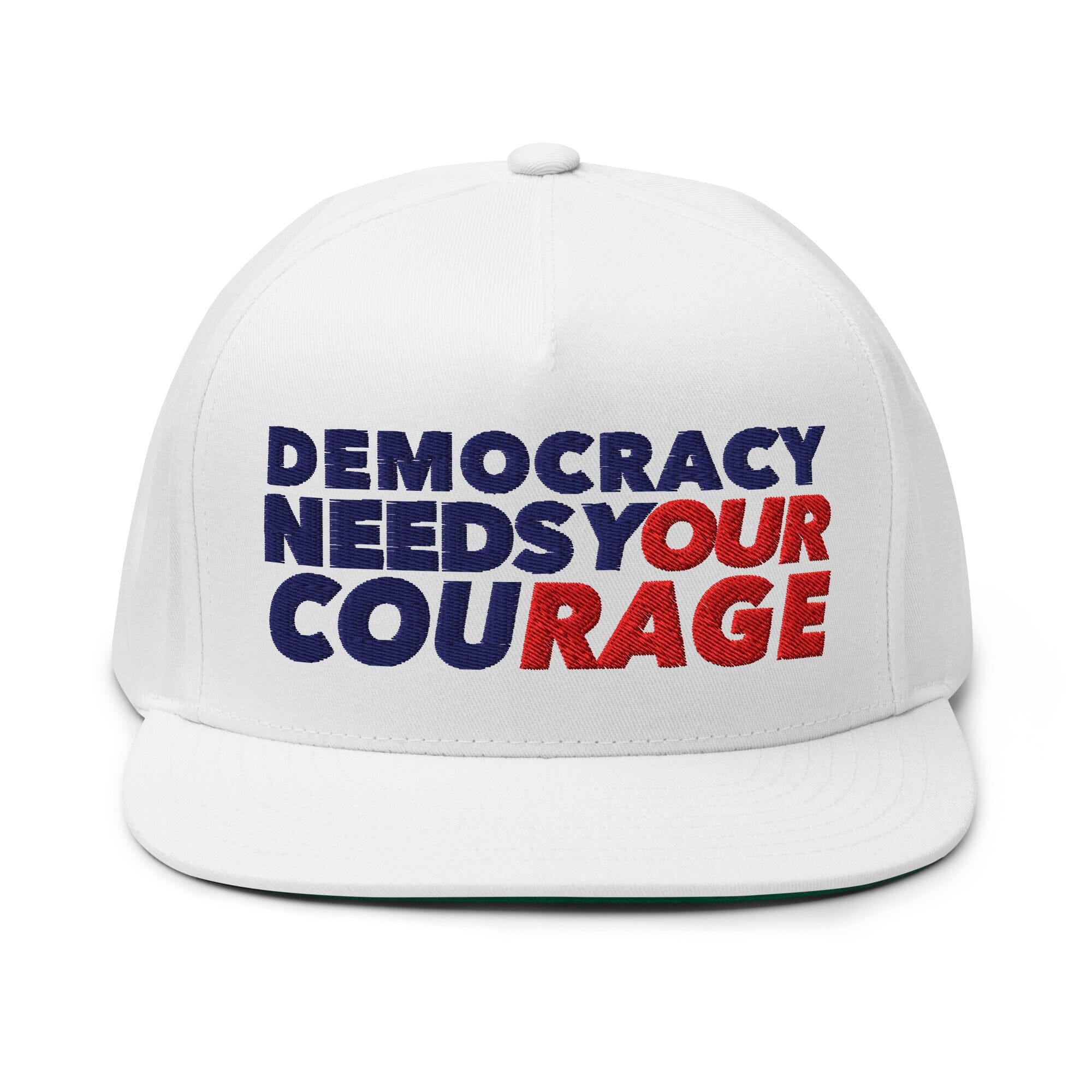 White cap with 'Democracy Needs Your Courage' text in blue and red on a white background