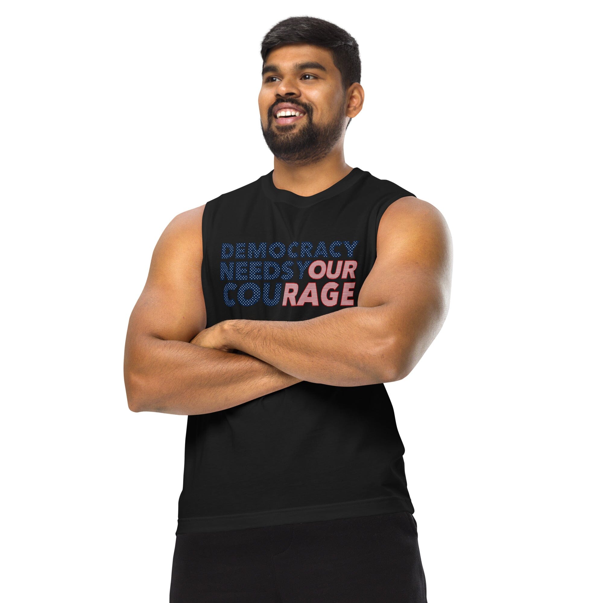 Man wearing a black sleeveless shirt with a motivational message on a white background