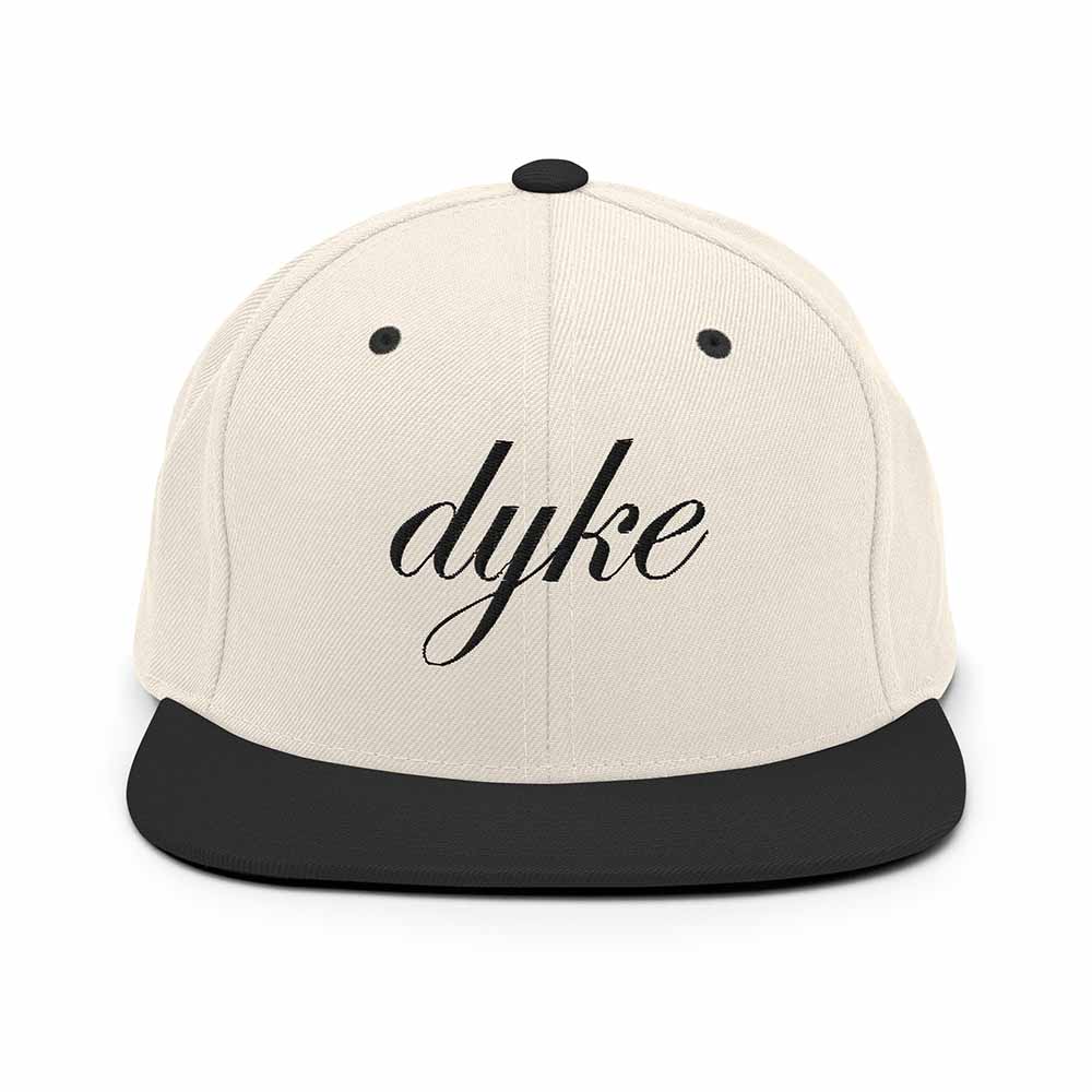 Dyke Script 6 Panel Flatbill Snapback Hat ivory

