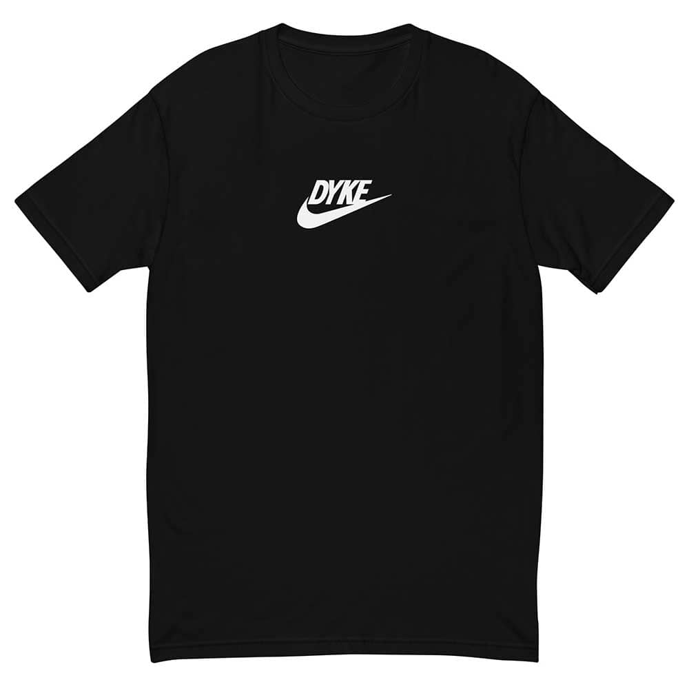 Black t-shirt with 'DYKE' logo on a white background