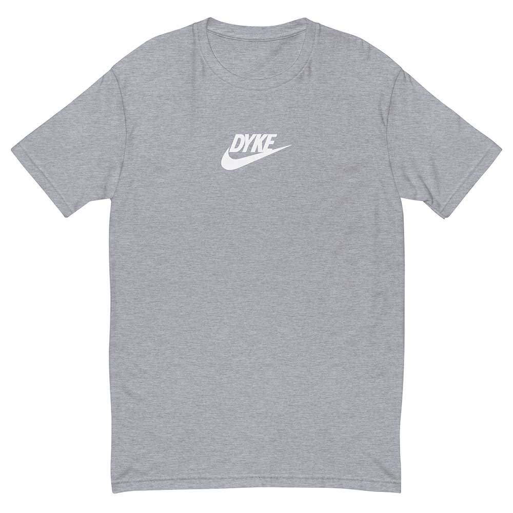 Gray t-shirt with a white logo on a white background