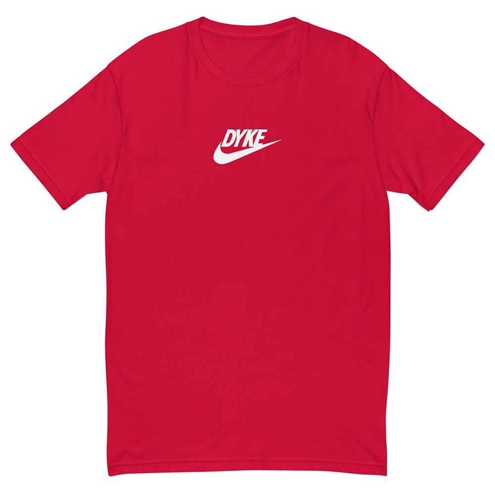 Red t-shirt with 'DYKE' logo on a white background