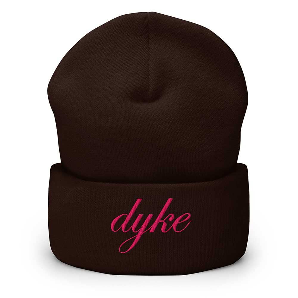 Brown beanie with pink 'dyke' text on a white background