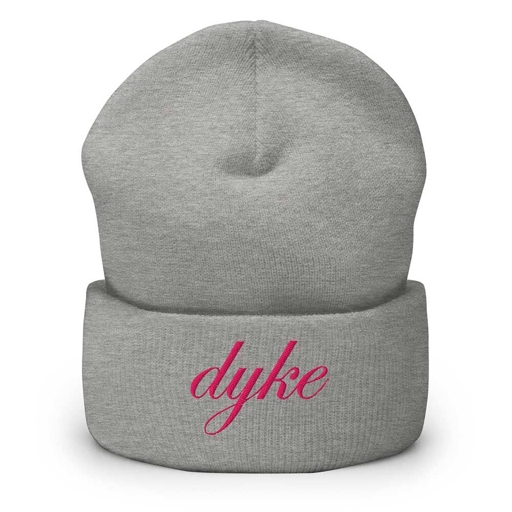 Gray beanie with 'dyke' embroidered in pink on a white background