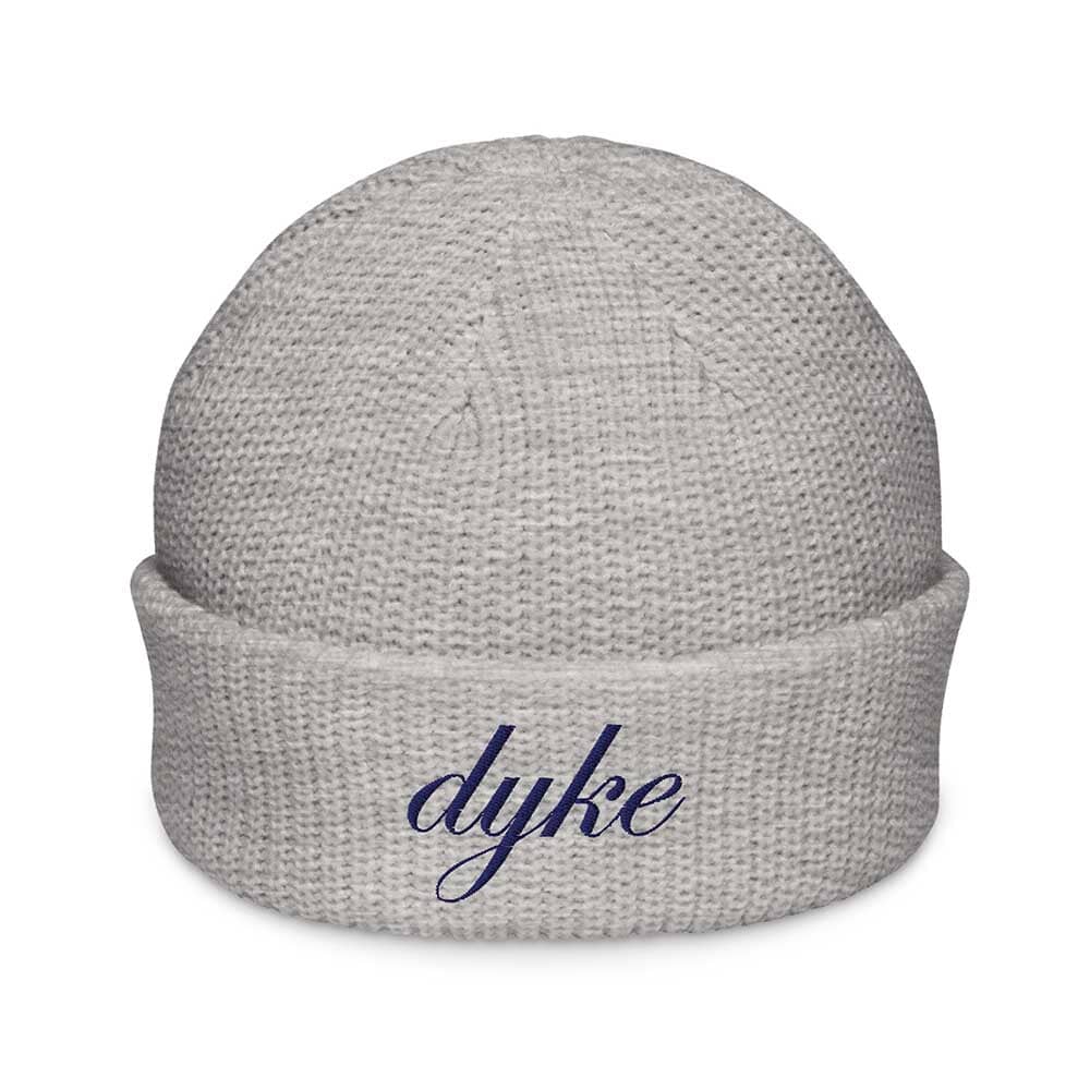 Gray beanie with 'dyke' embroidered on a white background