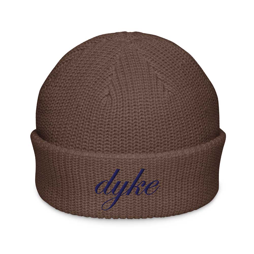 Brown beanie with 'dyke' embroidered on a white background