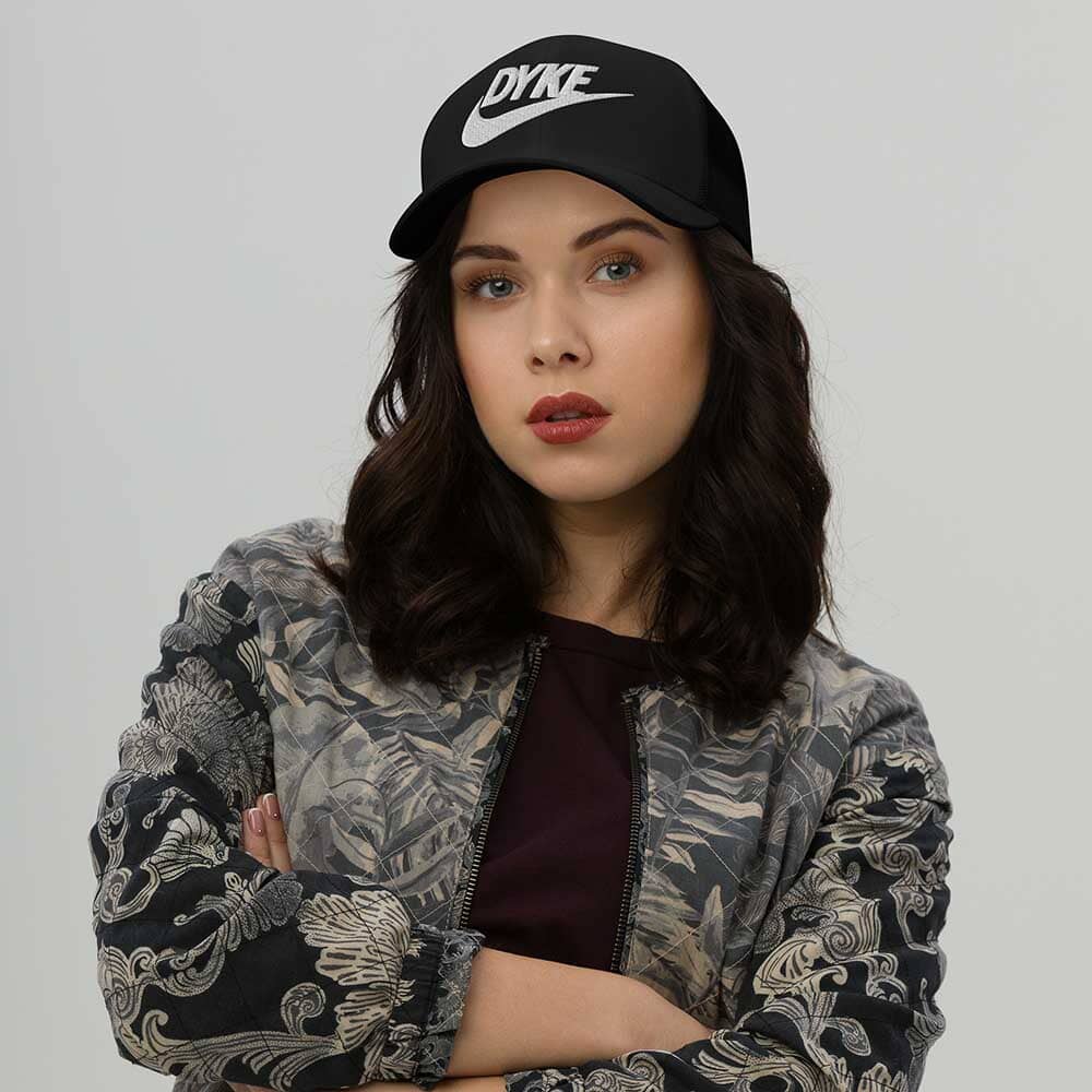 Dyke Sport Mesh Trucker Snapback Hat Black with white on woman