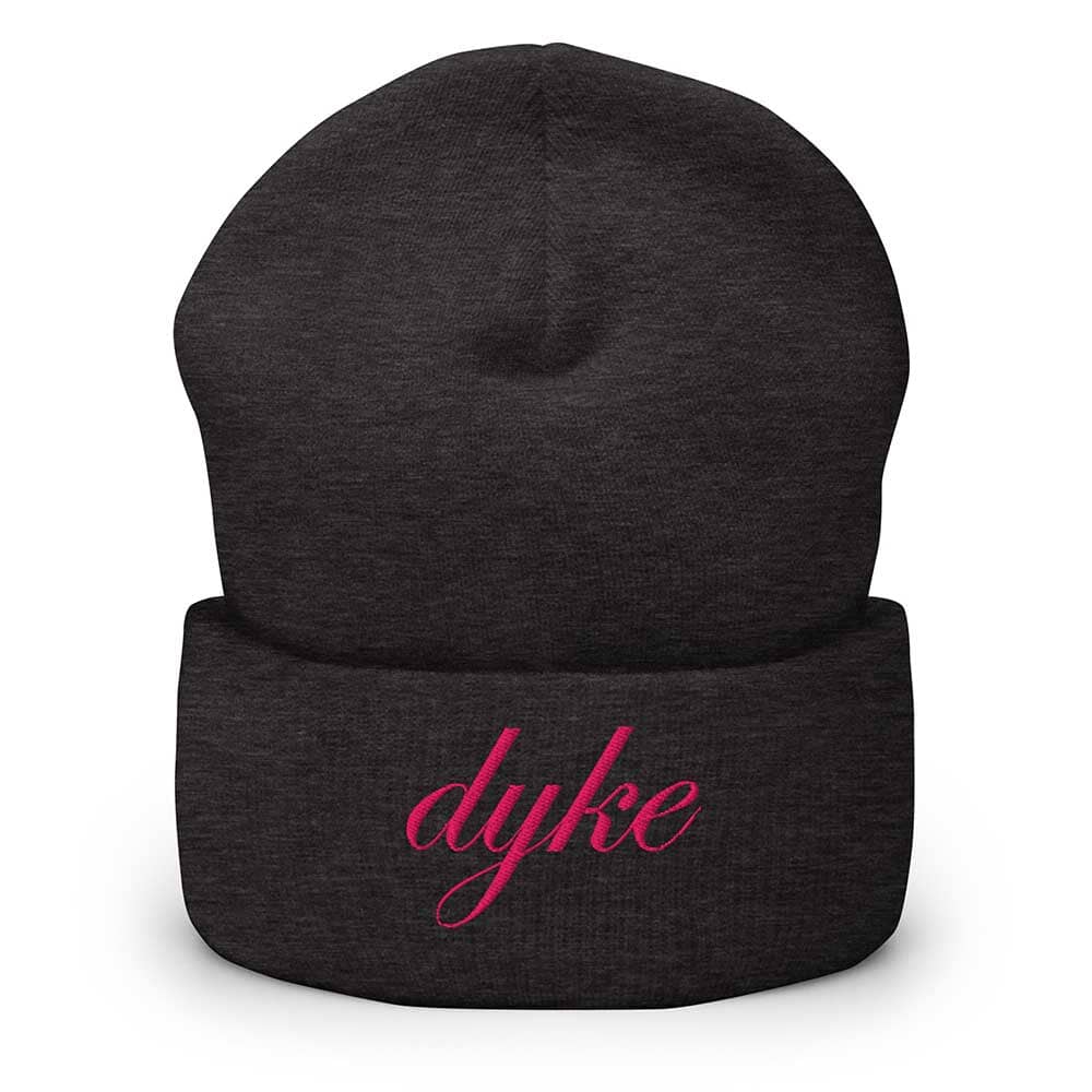 charcoal grey beanie with pink 'dyke' text on a white background