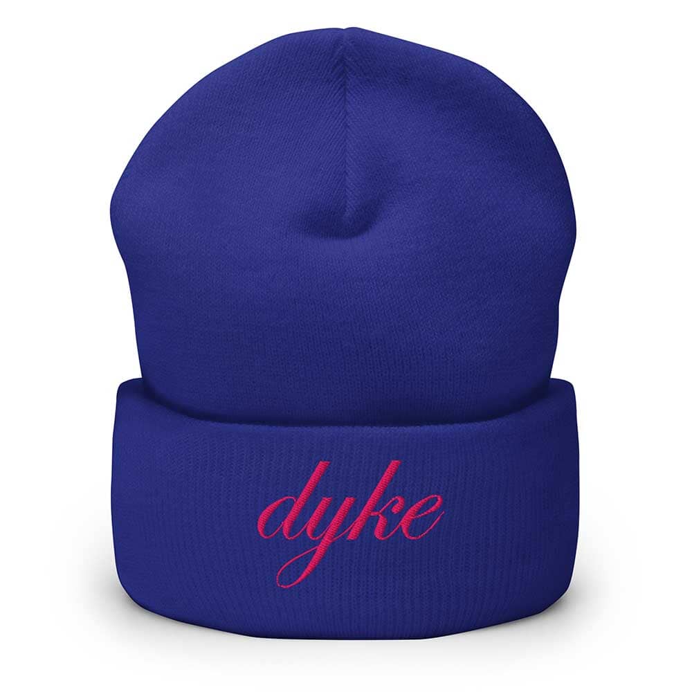 royal Blue beanie with 'dyke' in pink on a white background