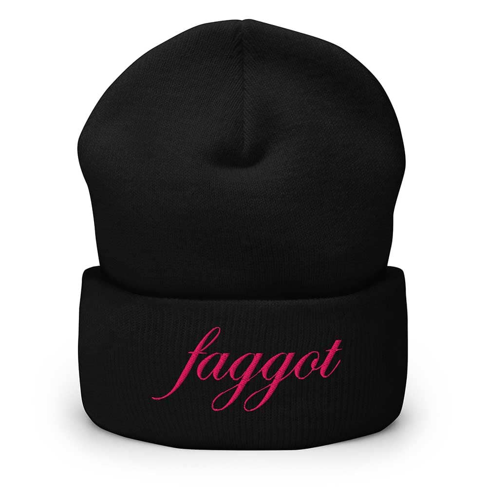 Black beanie with pink faggot on a white background
