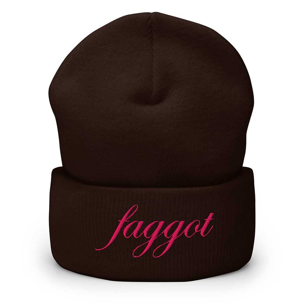 Black beanie with pink faggot text on a white background