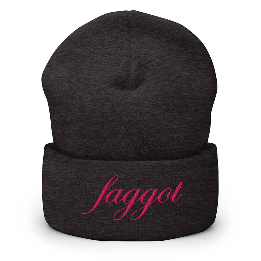 charcoal grey  beanie with pink faggot text on a white background
