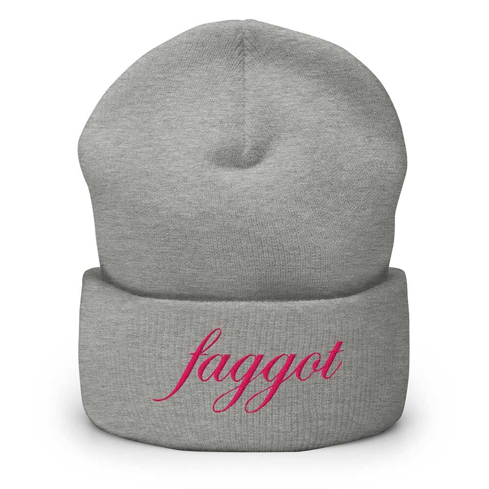 Gray beanie with pink faggot text on a white background