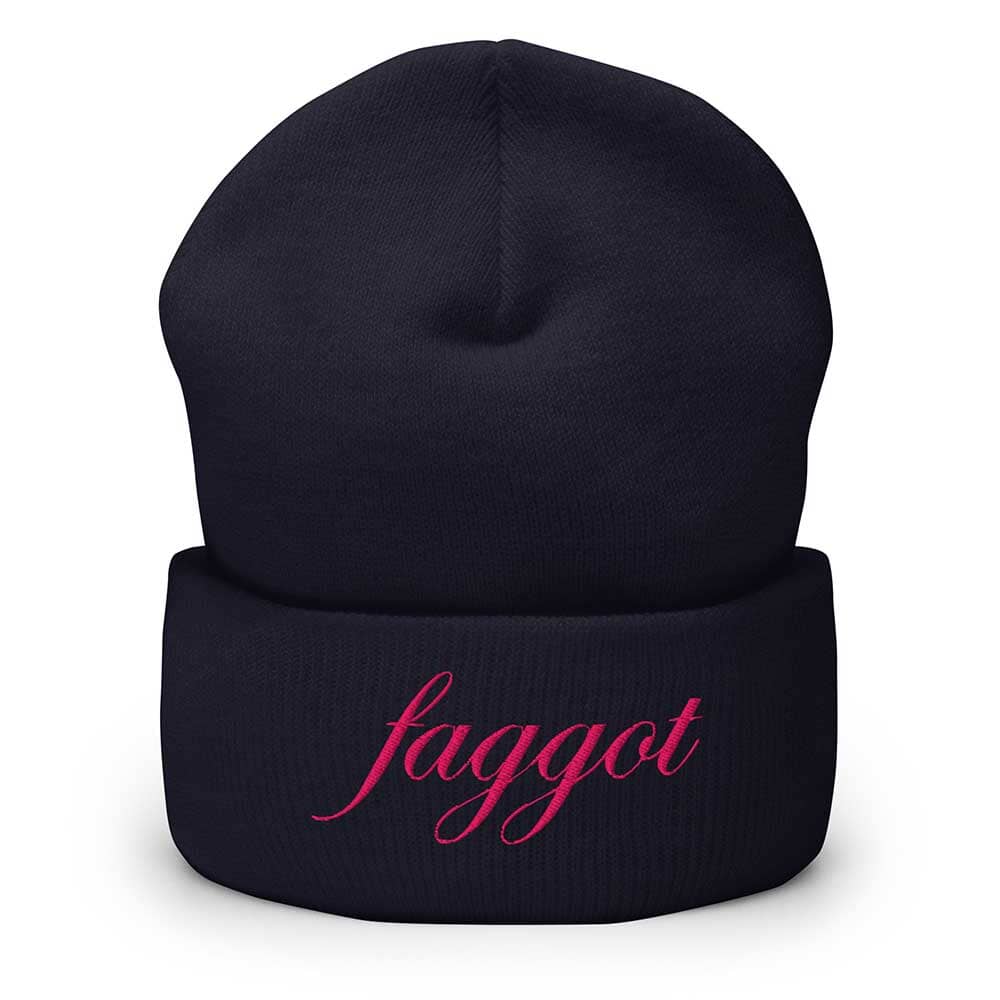 navy beanie with pink faggot text on a white background