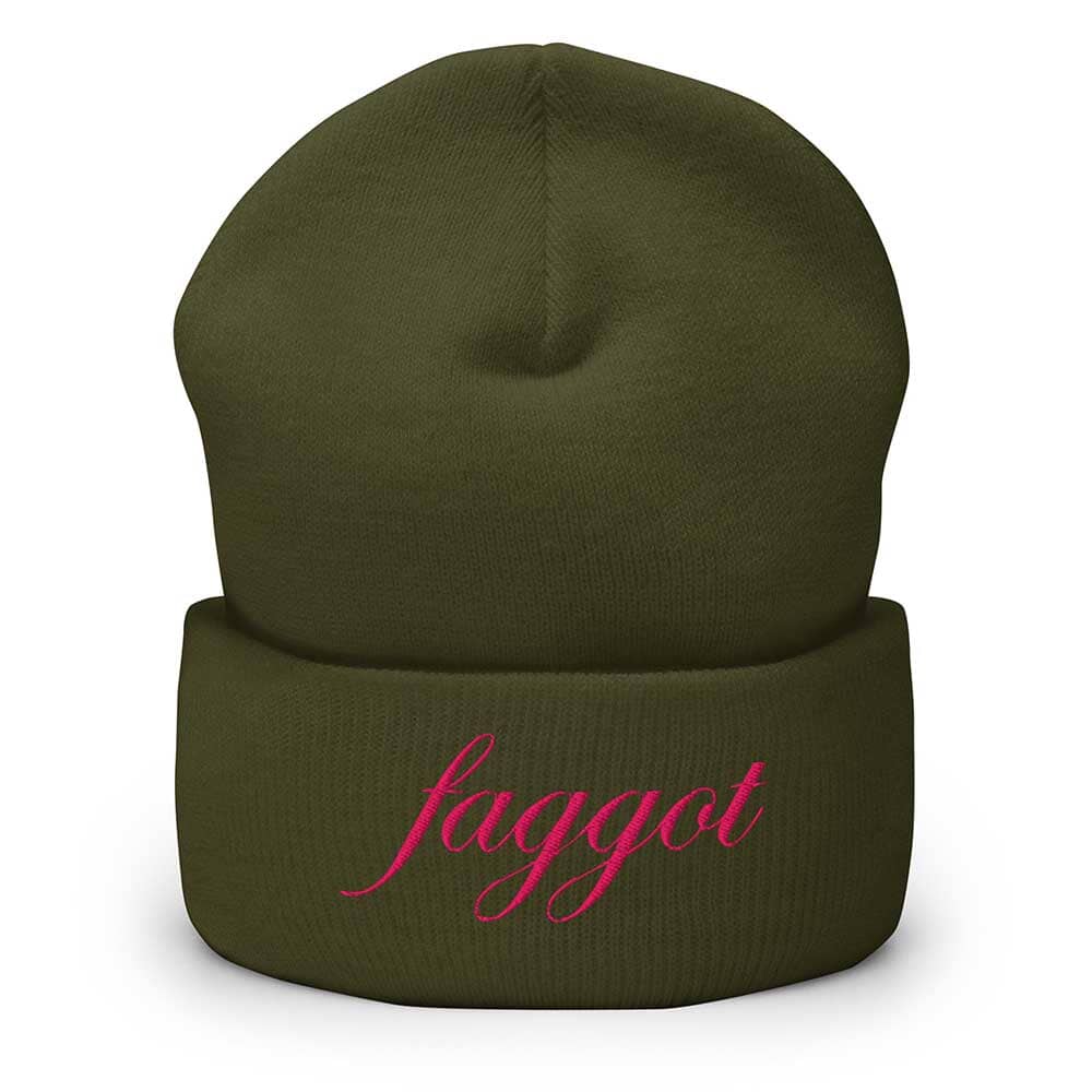 olive Green beanie with pink faggot text on a white background