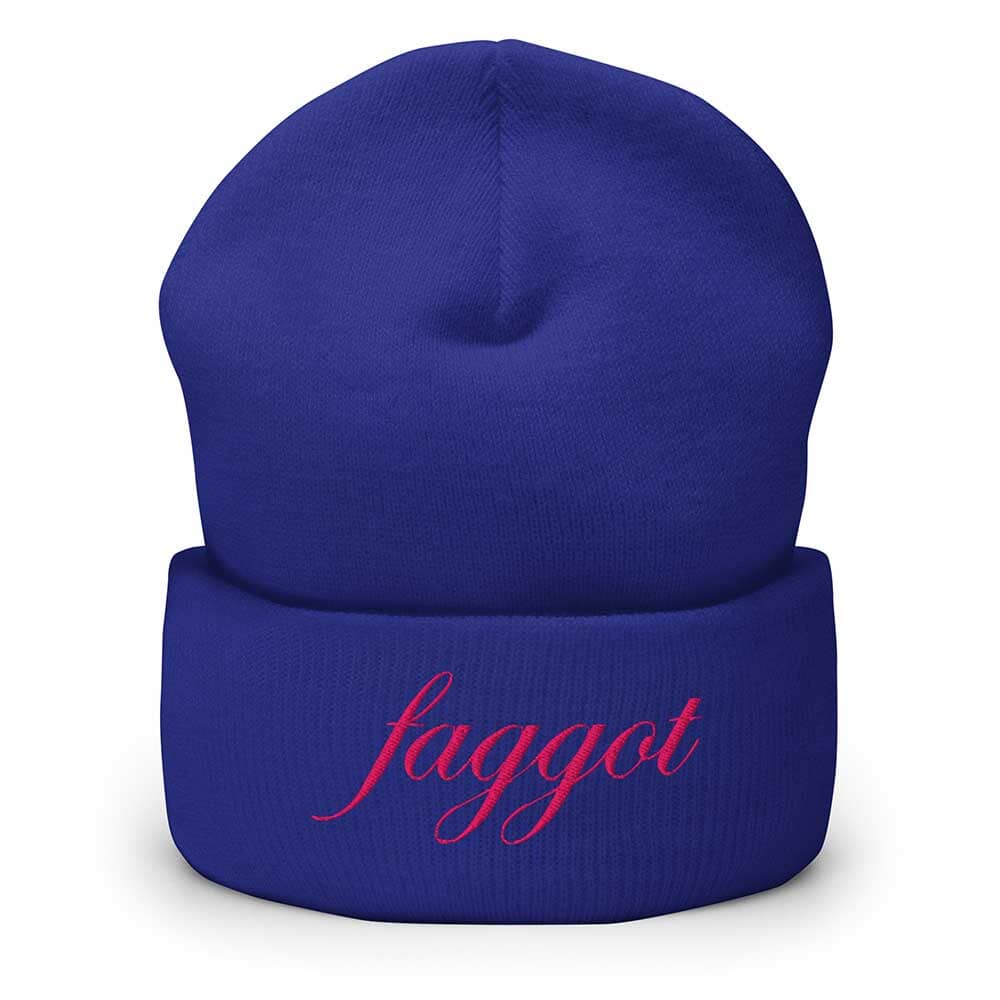 royal Blue beanie with 'faggot' in pink text on a white background