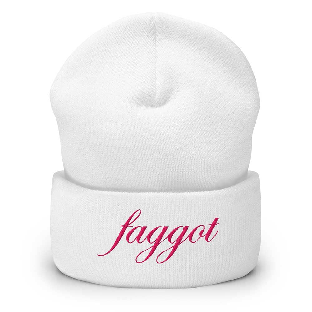 White beanie with pink faggot text on a white background