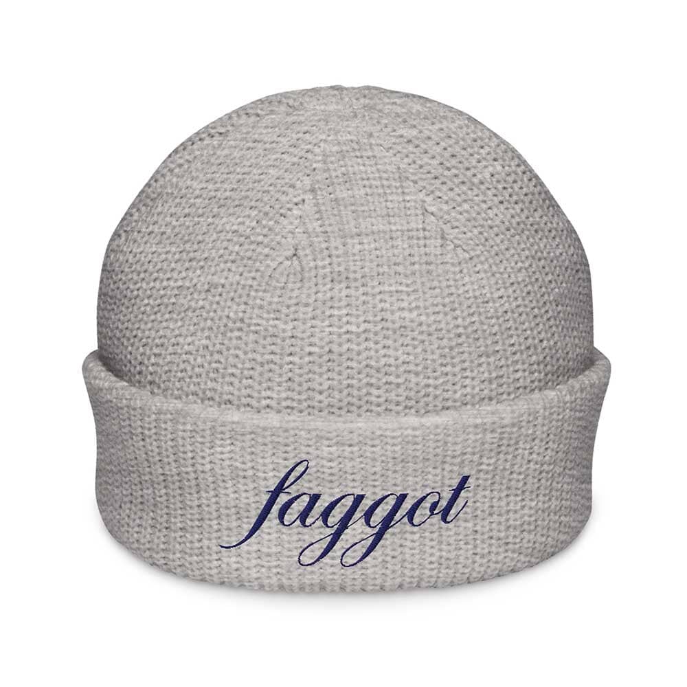 Gray beanie with 'faggot' embroidered on a white background