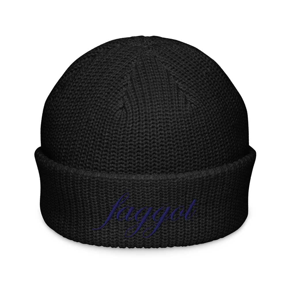 Black beanie with 'faggot' text on a white background