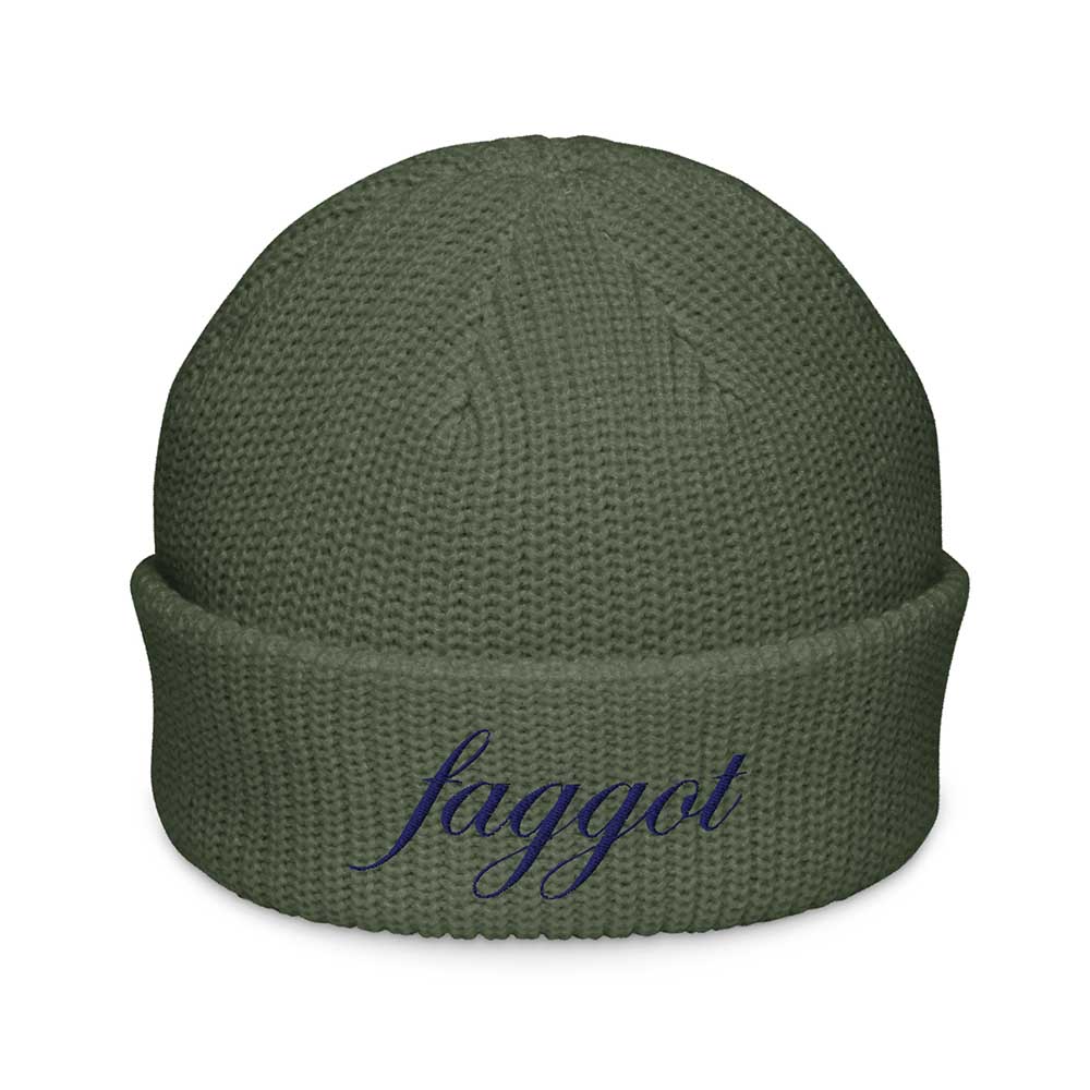 Green beanie with 'faggot' embroidered on a white background
