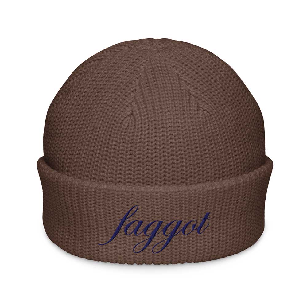 Brown beanie with 'faggot' embroidered in blue on a white background