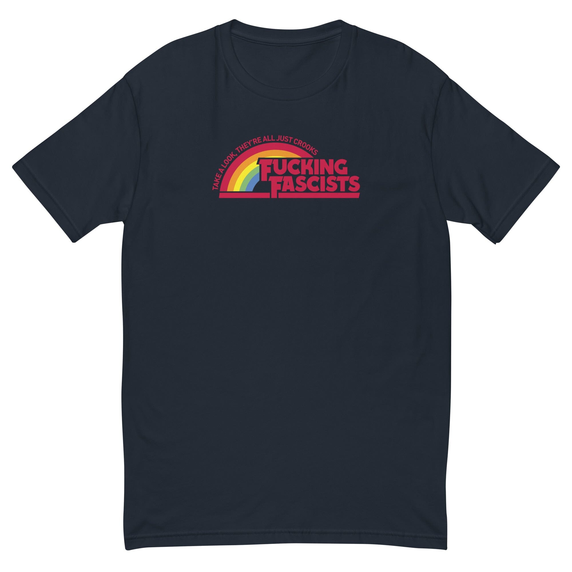 Navy t-shirt with rainbow and text fucking fascist design on a white background