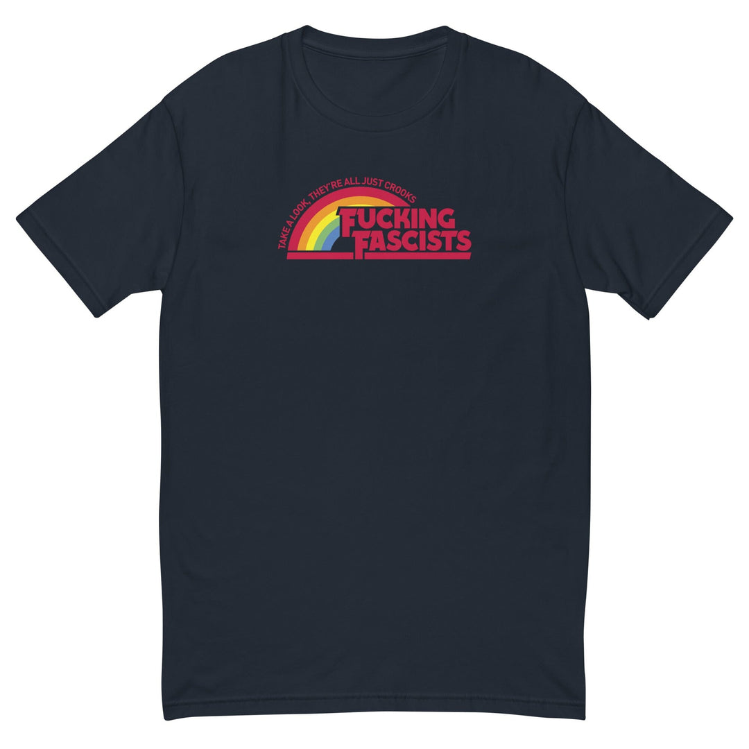 Navy t-shirt with rainbow and text fucking fascist design on a white background