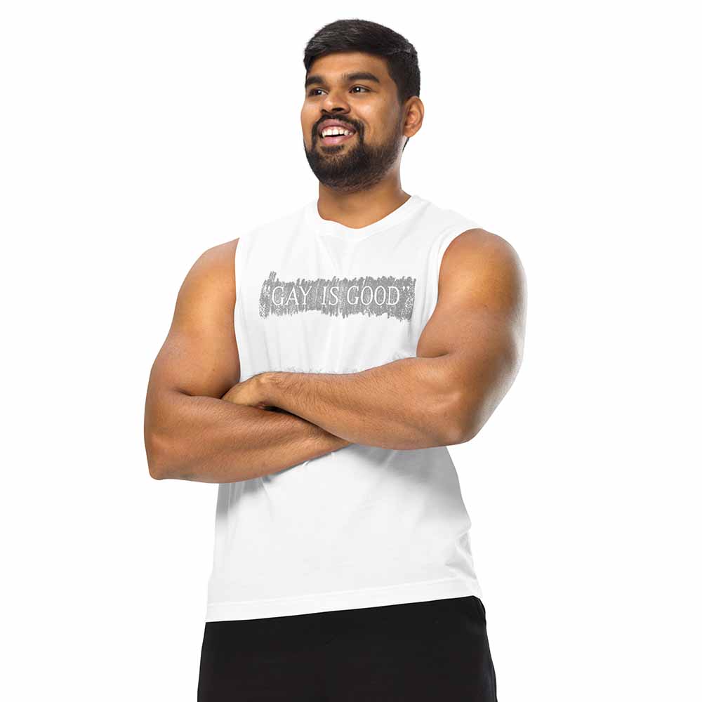 GAY IS GOOD Sleeveless t-shirt white on man